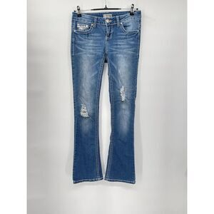 Sound Girl Womens Jr 5 Medium Wash Mid Rise Distressed Embellished Bootcut Jeans